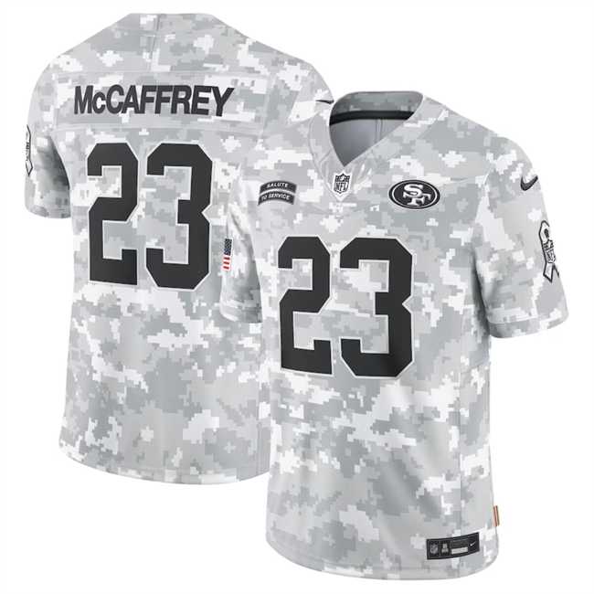 Mens San Francisco 49ers #23 Christian McCaffrey 2024 Arctic Camo Salute To Service Limited Stitched Jersey Dyin->san francisco 49ers->NFL Jersey